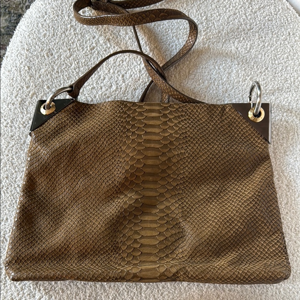 Luxurious Brown Snakeskin Shoulder Bag with Silver Hardware